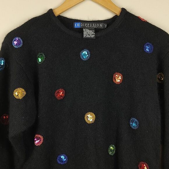 IB Diffusion Petites Black Sequin Silk Angora Lambswool Sweater Vintage 1990 - Picture 5 of 9